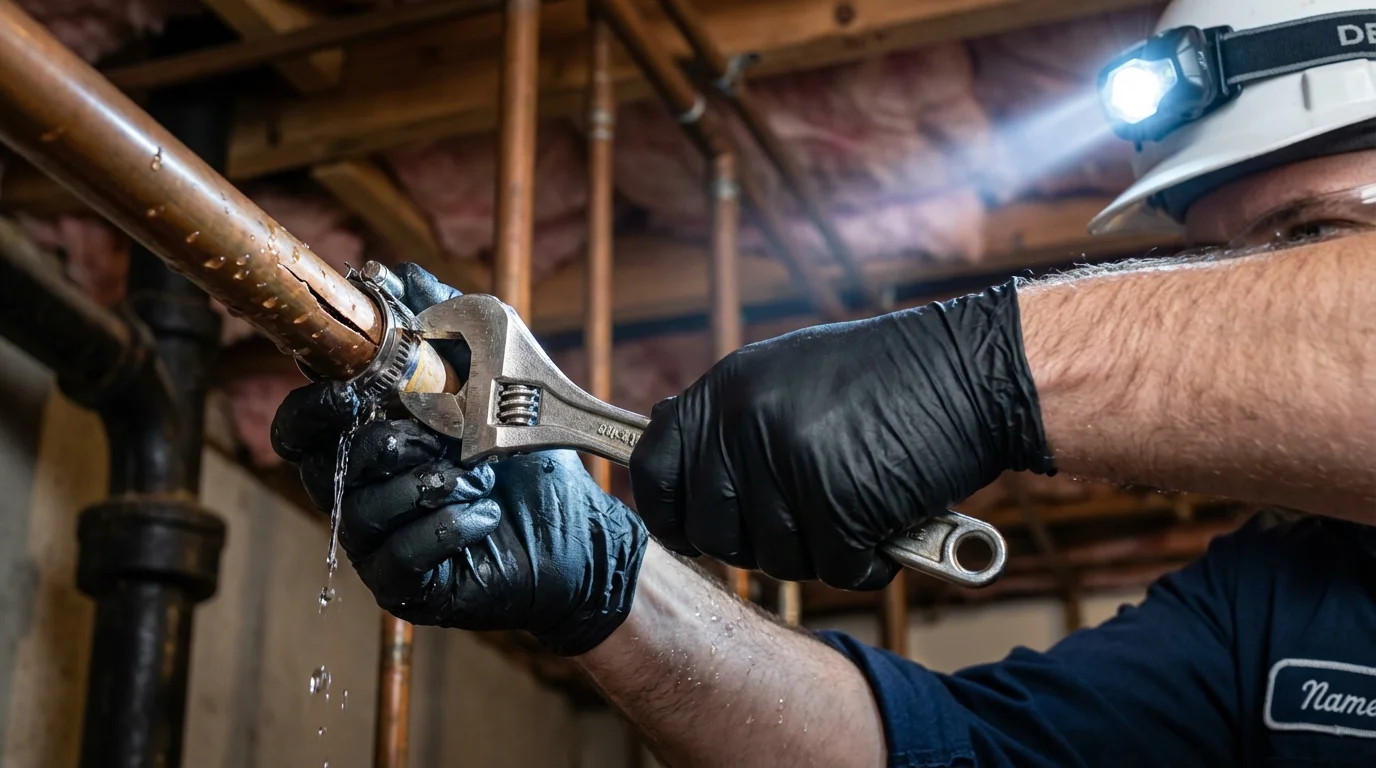 Emergency pipe clamp repair being performed by a Johns Plumbing LLC plumber in Whitwell