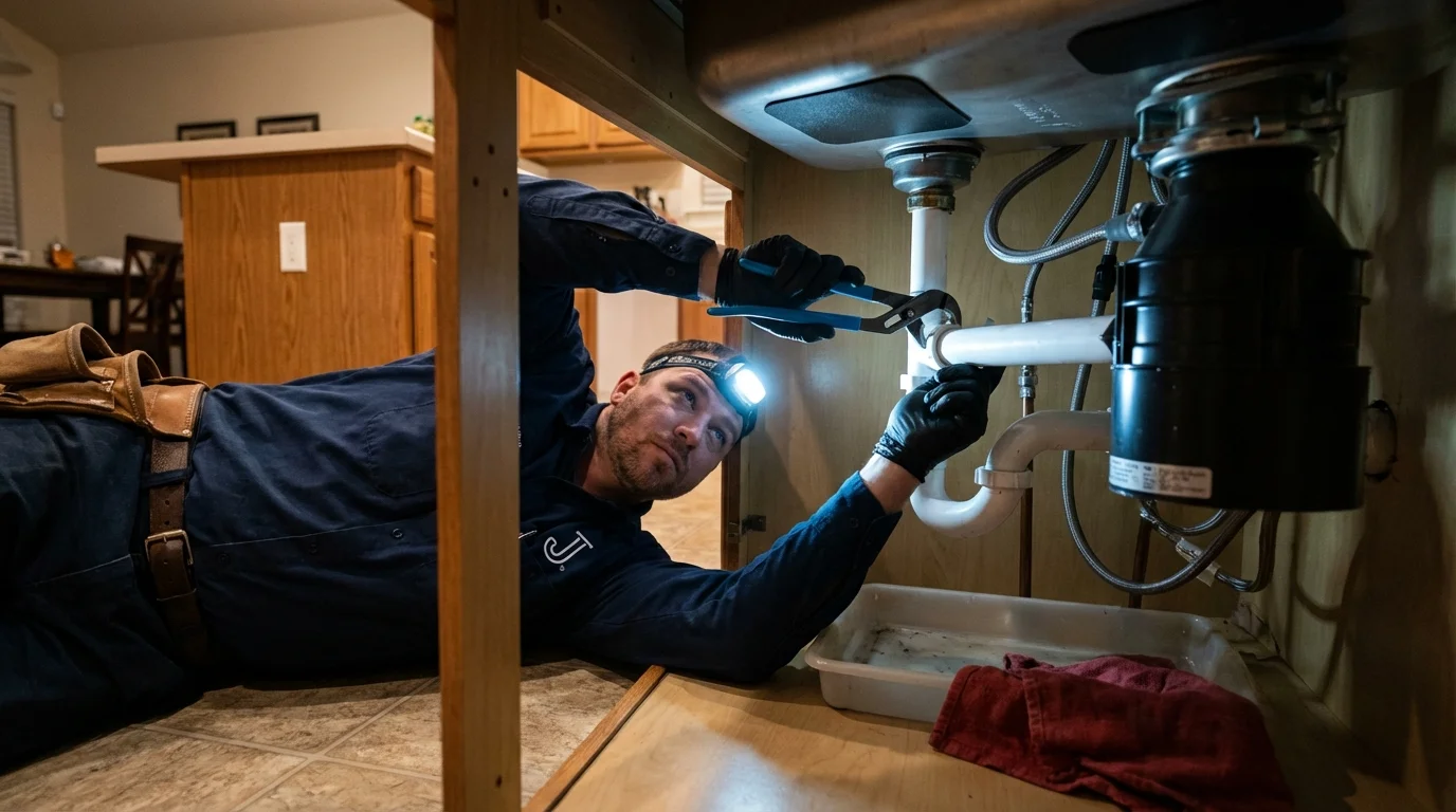 P-trap and supply line connections under a kitchen sink showing a common leak point in Whitwell, TN